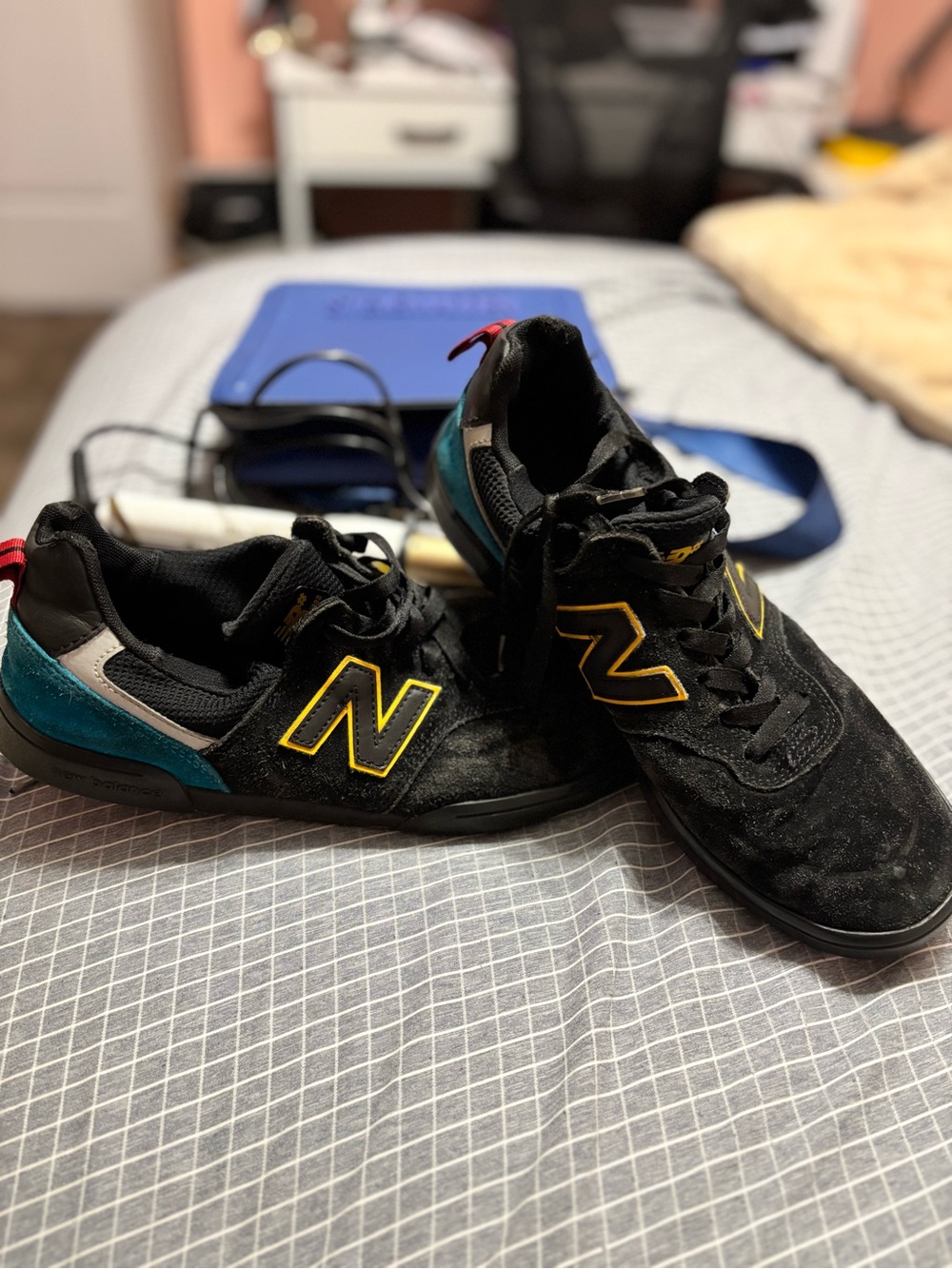 New Balance Kids Black Sneakers With Teal Heel & Yellow Logo
